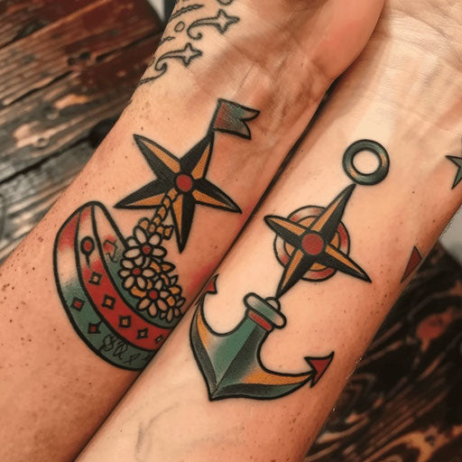 Matching best friend tattoos in the style of Sailor Jerry with nautical stars