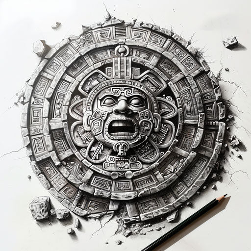 Mexican Aztec calendar tattoo design, detailed graphite sketch