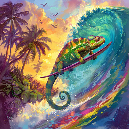 Chameleon on a surfboard, riding a rainbow wave in a tropical paradise