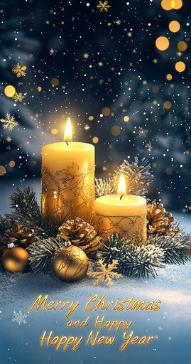 Christmas candles, golden decoration on white background