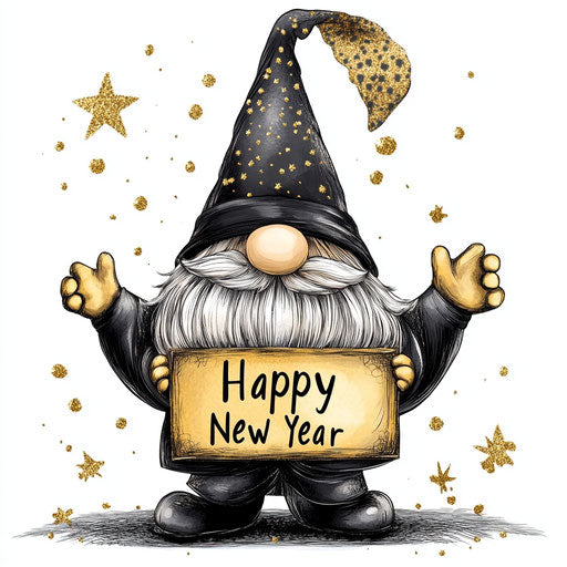 Adorable Gnome in black and gold holding up sign '2025 Happy New Year'