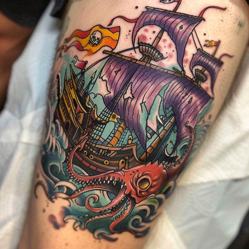 Neo-traditional tattoo of a pirate ship battling a giant kraken with vibrant colors on a white background