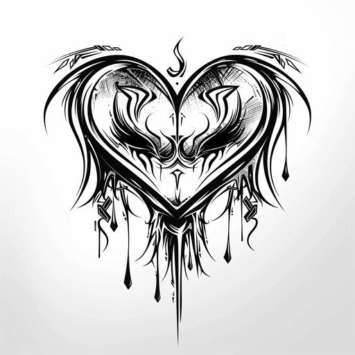 Stylized tattoo sketch of crying heart with tribal designs and sharp edges