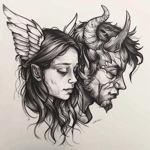 Sophisticated flat tattoo sketch of a contemplative angel and a mischievous devil