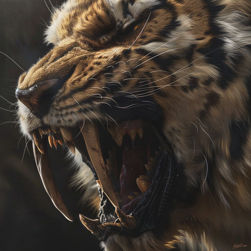 Sharp fangs of a saber tooth tiger in close-up