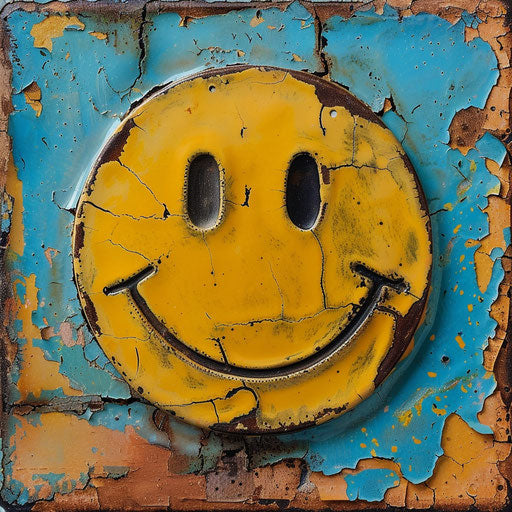 Smiling emoticon in a frame, old memecore style, melting, animated expressions, yellow and blue, group f/64, tachist