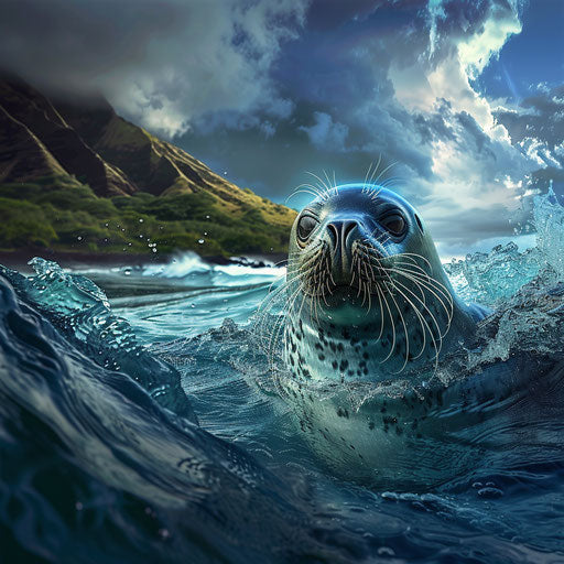 Hawaiian monk seal emerging from ocean with dramatic volcanic landscape