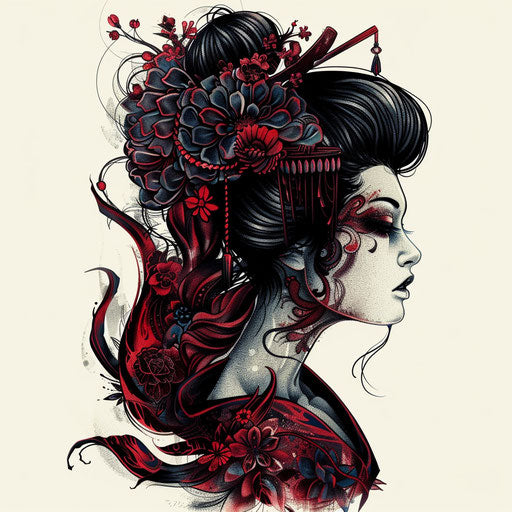 Baroque style geisha tattoo, dark colors and ornate details