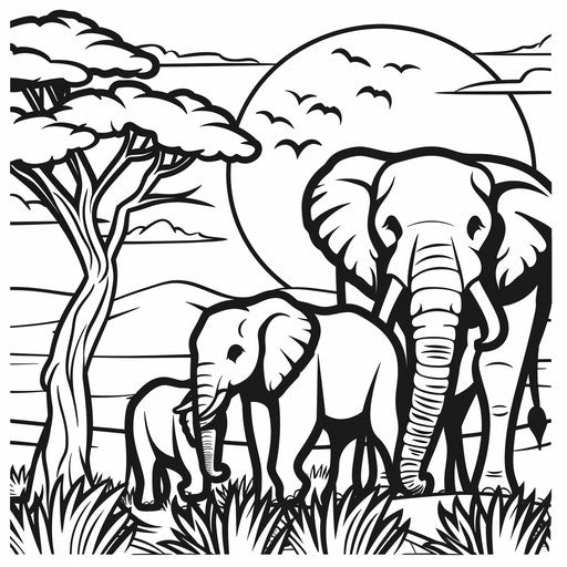 Elephant family at African sunset