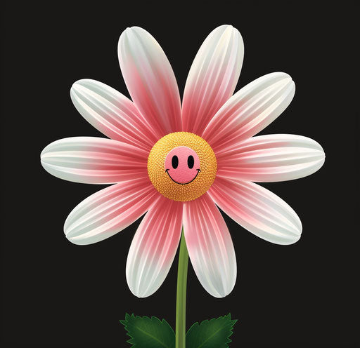 Pink and white flower with smiley face, black background