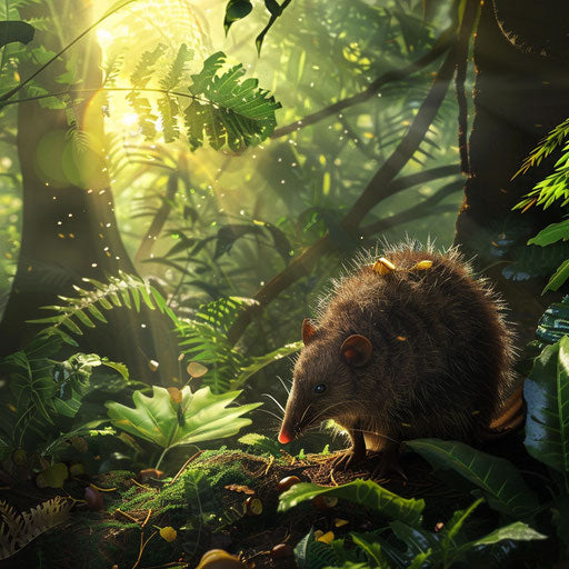 An antechinus exploring a lush green forest