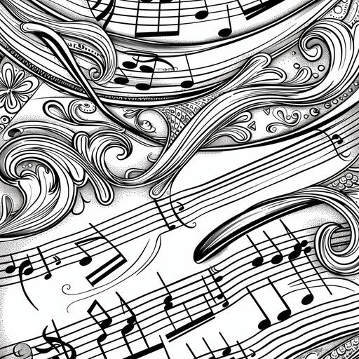 Sheet music with notes and staves. Coloring page