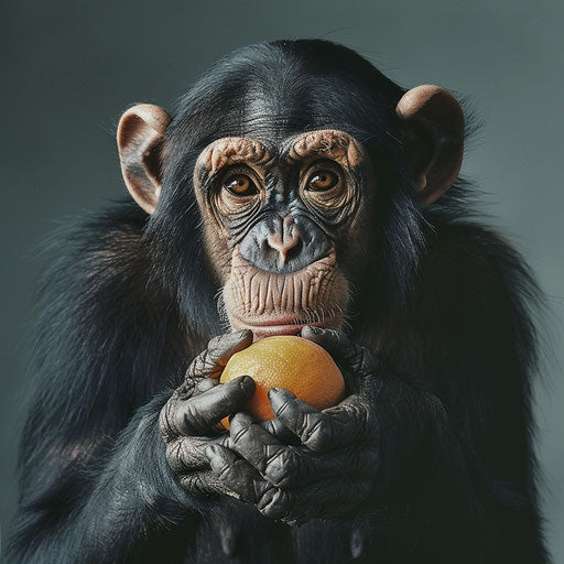 Chimpanzee holding a fruit with an expressive look