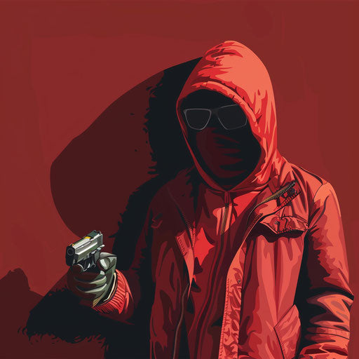 Flat background in deep maroon with robber clipart, dynamic shadows and bright highlights