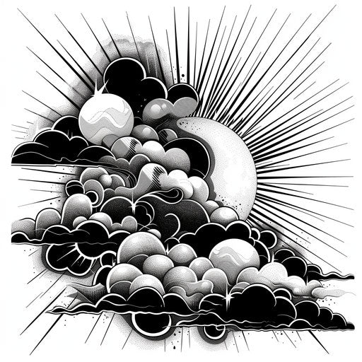 Abstract clouds and sun rays, clipart style