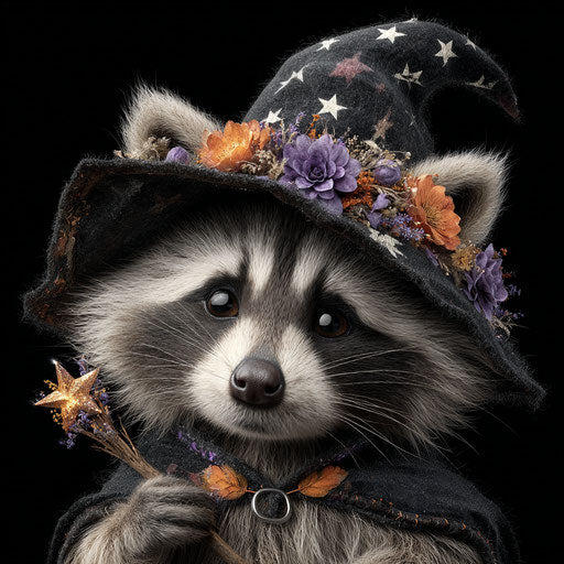 Charming Raccoon in a Witch's Hat with Wand
