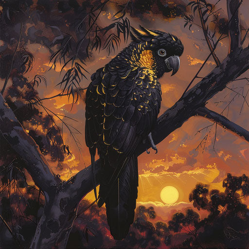 Yellow-tailed cockatoo on eucalyptus tree at sunset