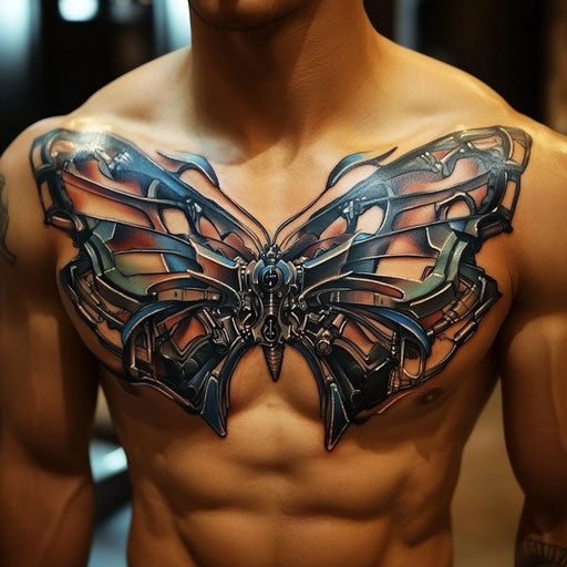 Butterfly tattoo men on the chest with biomechanical elements