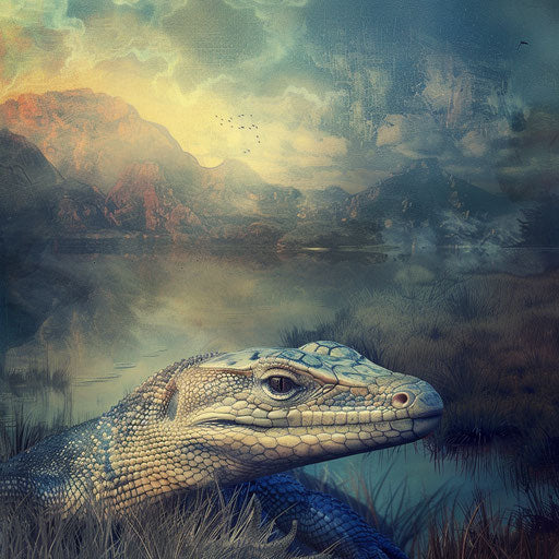 Blue tongue skink in a serene poetic landscape