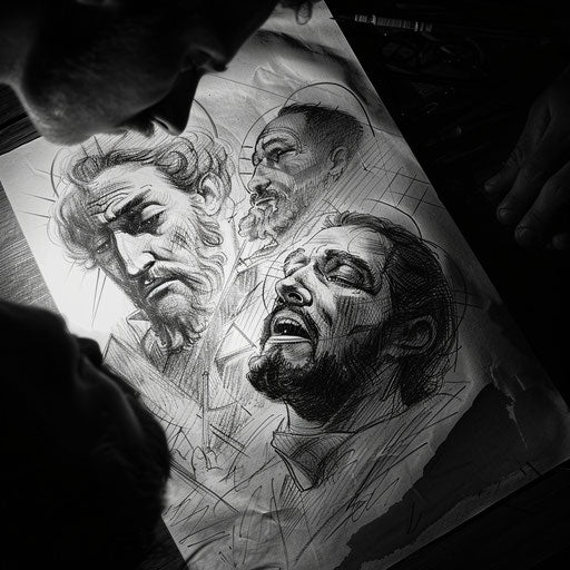 Flat tattoo sketch in chiaroscuro style of Judas betrayal