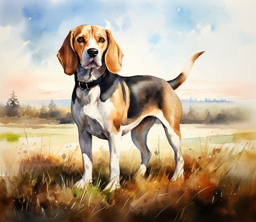 Dog standing on grassy field, light brown and black style, light maroon and white