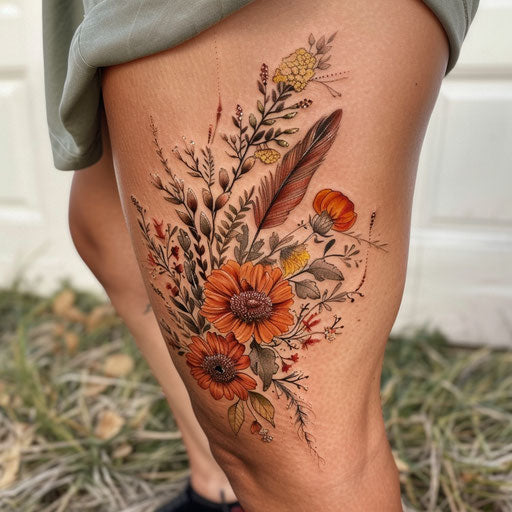 Wildflower tattoo with feathers, earthy colors, bohemian vibe, soft details