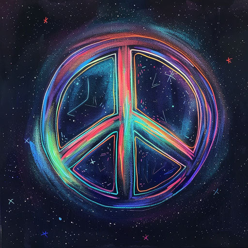 Futuristic peace tattoo sketch with a neon peace sign on a dark starry background
