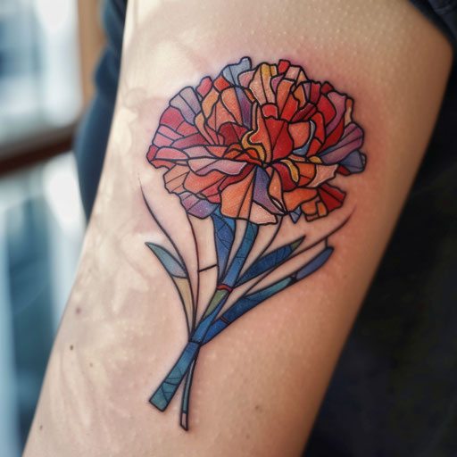 Stained glass inspired carnation tattoo with vibrant colors