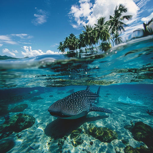 Whale shark lounging near a tropical island