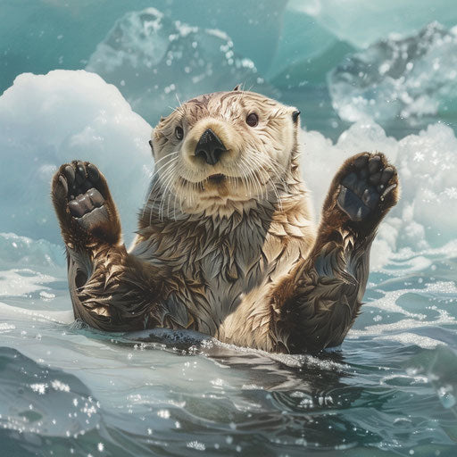 Playful sea otter among floating icebergs