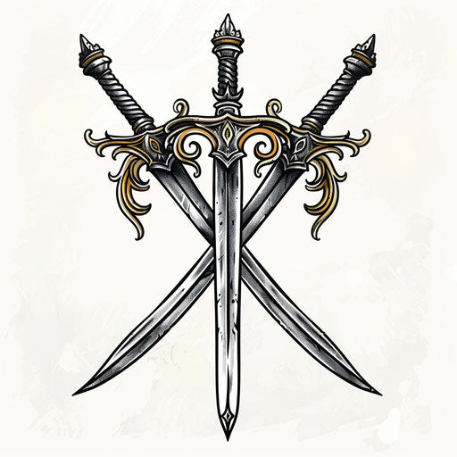 Flat tattoo sketch of two crossed swords in clipart style