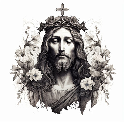 Crown of roses and lilies on Christ, royal and eye-catching tattoo illustration