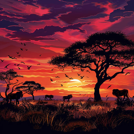 Majestic scene of lions roaming the savannah at sunset