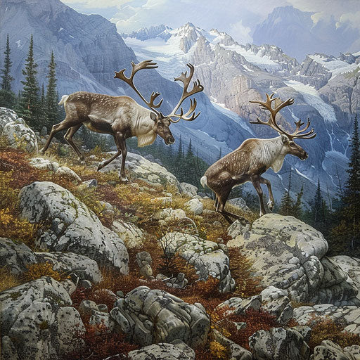 Woodland caribou navigating rocky terrain in high mountain pass