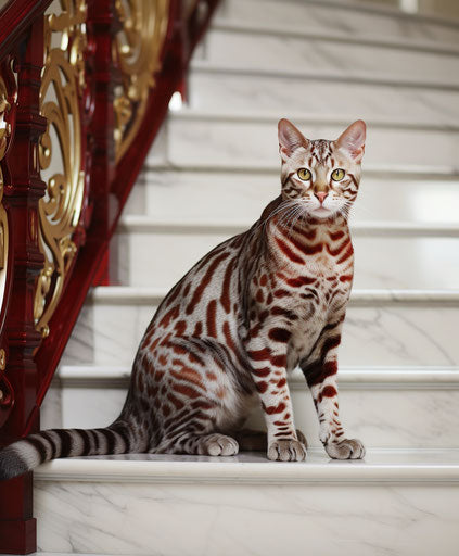 Bengal cats on stairs, silver and maroon style, 5:6