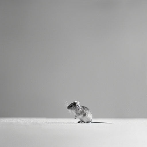 Mouse in a monochrome minimalist setting, emphasizing its tiny form, in the style of Gregory Colbert