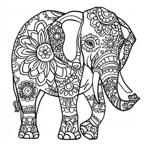 Ornate elephant with patterns and mandalas. Coloring book page