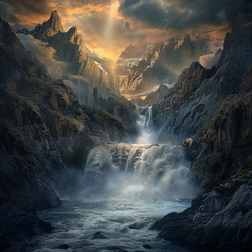 Waterfall with rugged terrain and moody atmosphere