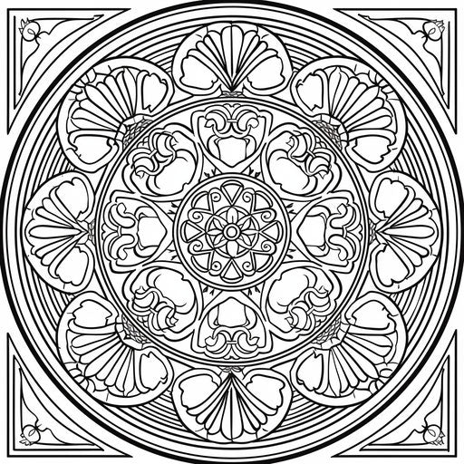 Interlocking circle and floral mandala, coloring page