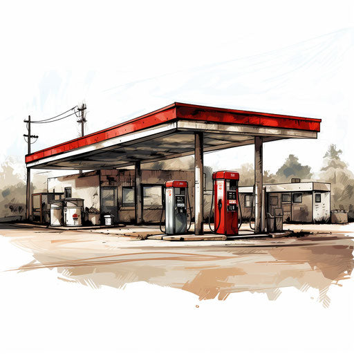 Gas station illustration in the style of Chiaroscuro Art, on a white background
