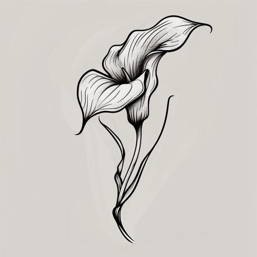 Sleek, modern tattoo sketch of a calla lily in clipart style with minimalistic black strokes