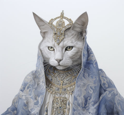 Grey cat on white background, light indigo and dark gold style