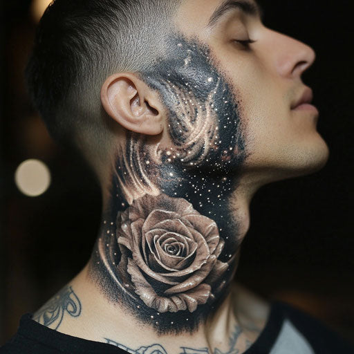 Rose neck tattoo in the style of J.P. Targete with a cosmic rose floating in space