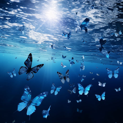 Blue butterflies in flight, sparkling reflections, anime aesthetic