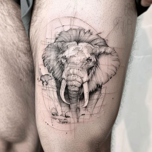 African animal motif tattoo with lion and elephant