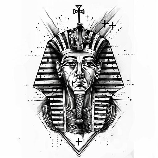 Cultural flat tattoo sketch of a pharaoh with Coptic Christian motifs and crosses