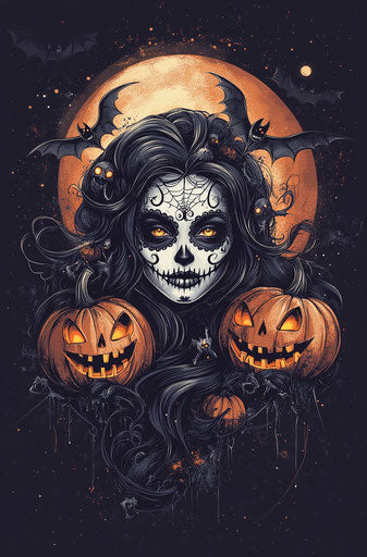 Witch with sugar skull makeup, pumpkins, Halloween