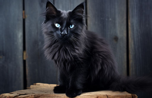 Black kitten on wood, dark indigo and light black style, poignant
