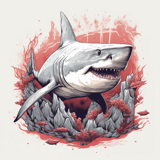 shark and rocks isolated on grey sketch, light red and light beige style