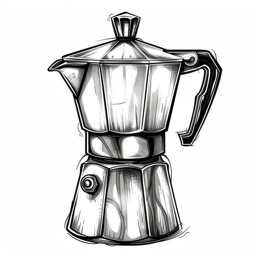 Italian coffee maker tattoo design, retro style, black and grey ink, on white background